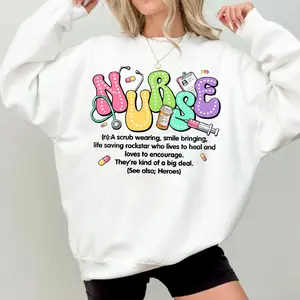 [Made in USA] Nurse Definition Sweatshirt, Cute Colorful Nurse Typography Graphic Crewneck Pullover, Nurse Appreciation Nursing Sweatshirt, Healthcare Hero Crewneck, Trendy Gift For Nurse Women Nursing Student