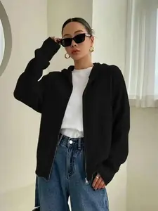Turtleneck Winter Sweater, Solid-Color Zip-Up Hooded Cardigan, Womenswear Casual Fit Basic Long Sleeve Knitting Knitwear for Fall & Winter, Ladies' Fashion Sweater Daily Wear, Snug, Layer, Comfy Cozy, Forward