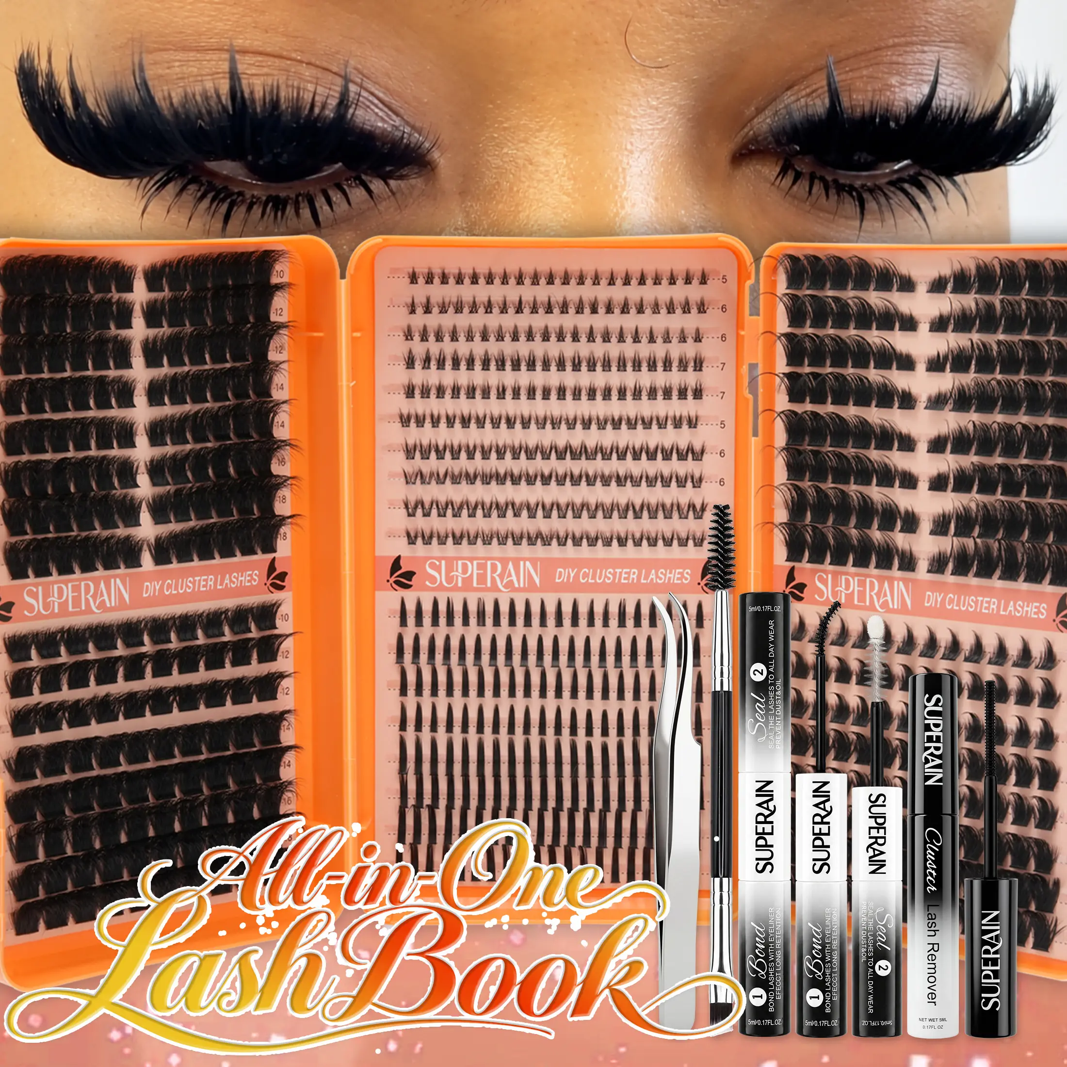 Superain 728PCS Lash Clusters Kit 5-21mm Mixed Upper Lower Lashes Wispy Spiky Cat Eye Volume DIY Extensions Full Tools Included