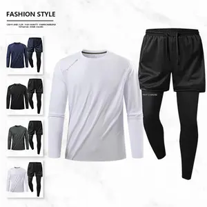 Men’s athletic set, including a stylish long-sleeve sports top and mesh shorts or compression pants. The drawstring waist is snug and comf Sportswear Running Fitness Stretch Fabric Activewear Sweatsuit Matching Set tracksuits for men
