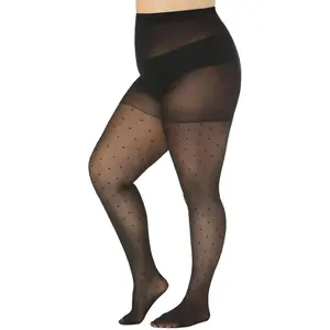 WiliW Polka Dot Plus Size Tights for Women, 40D Patterned Tights High Waist Control Top Black Sheer Pantyhose