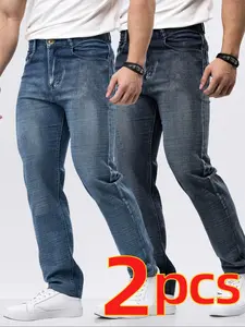 Men's 2-Piece Washed Plain Classic Slim Fit Straight Leg Jeans, & Blue Business Denim Jeans, Casual Daily Wear, Elastic Waist, Fitted Style