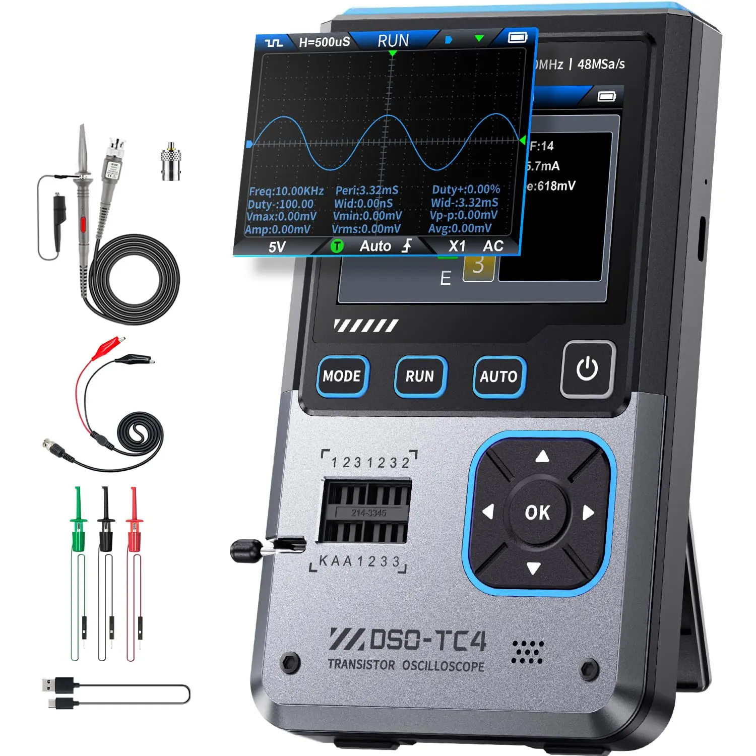FNIRSI DSO-TC4 Upgrade 3 in 1 Digital Oscilloscope 10MHz 48Ms/s Transistor Tester with TFT Display & Smart Burnout Protection for Electronics Component Testing
