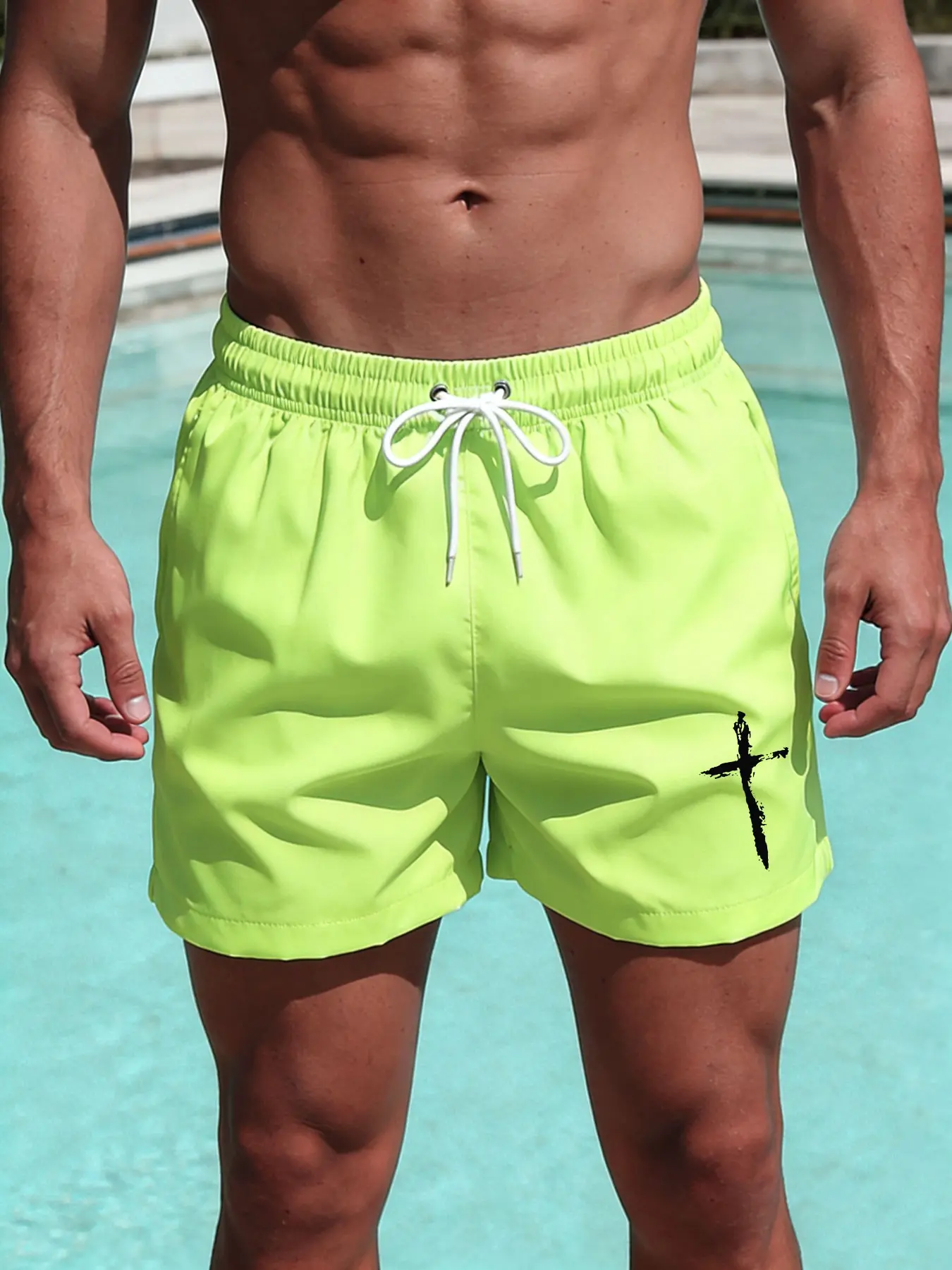 Men's Summer Cross Print Beach Shorts, Swim Shorts, swimming shorts, swimwear shorts, swim bottoms, Printed Trunks, Triangle Lining, Multiple Pockets, Elastic Waist, Quick-Dry Breathable, Casual Fitness Shorts