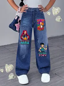 K-Pop Demon Hunter Idol Girl Group Print Denim Jeans, Cute Portrait Design, Trendy Streetwear for Ages 7-12, Loose-Fitting Graphic Jeans