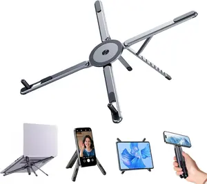 Portable Laptop Stand for Desk, Foldable Adjustable Computer Riser with Magnetic Phone Holder, Aluminum Laptop Stand for 10–16” Laptops & 4–13” Phones/Tablets (Silver)