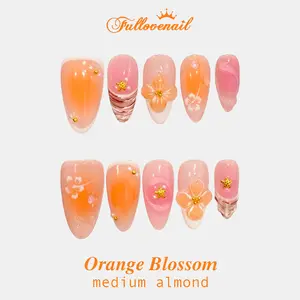 Fullovenail Almond Shape  3D Flower Orange Blusher Shell Print Hand Painting Press on Nail Floral Embellished Rhinestone
