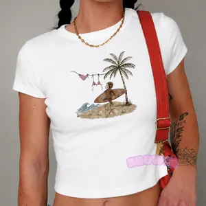 Curious George Surfing Y2K Summer Baby Tee Vintage Graphic Tee Graphic Tee Cute Shirts Vacation Clothing Casual Summer Outfits for Women Crop