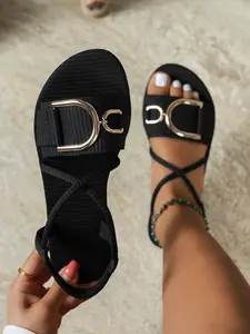 Women's Metal Buckle Guinevere Flat Sandals, Bohemian Style Cross Strap Retro Decorative Casual Shoes, Comfortable Outdoor Versatile Flats
