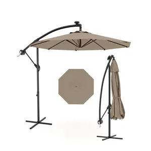 Garvee 10FT Outdoor Offset Patio Umbrella with Cross Base, Waterproof UV-Resistant Fabric, Adjustable Tilt, 360° Rotation, Durable Steel Frame, Solar LED Lights, Ideal for Garden, Pool, Deck, Balcony, Backyard