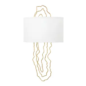 5th Avenue Sconce - Luxury Vintage Gold Leaf Design with White Linen Drum Shade