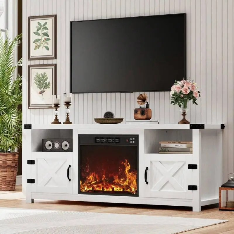 Farmhouse MDF Wood Fireplace Media Console - Barn Doors, Display Shelf, Multi-Deck Compartments, Hidden Cables, Wall Plug, Living Room TV Cabinets, Console Table for Up to 65+ In TVs, Tv Cabinets For Living Room, Tv Stand