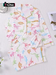 2-piece set of women's Tyrannosaurus rex long neck deer long sleeved pants, soft and comfortable top, small pocket, button closure, elastic waistband, suitable for all seasons home, casual wear, Pajamas