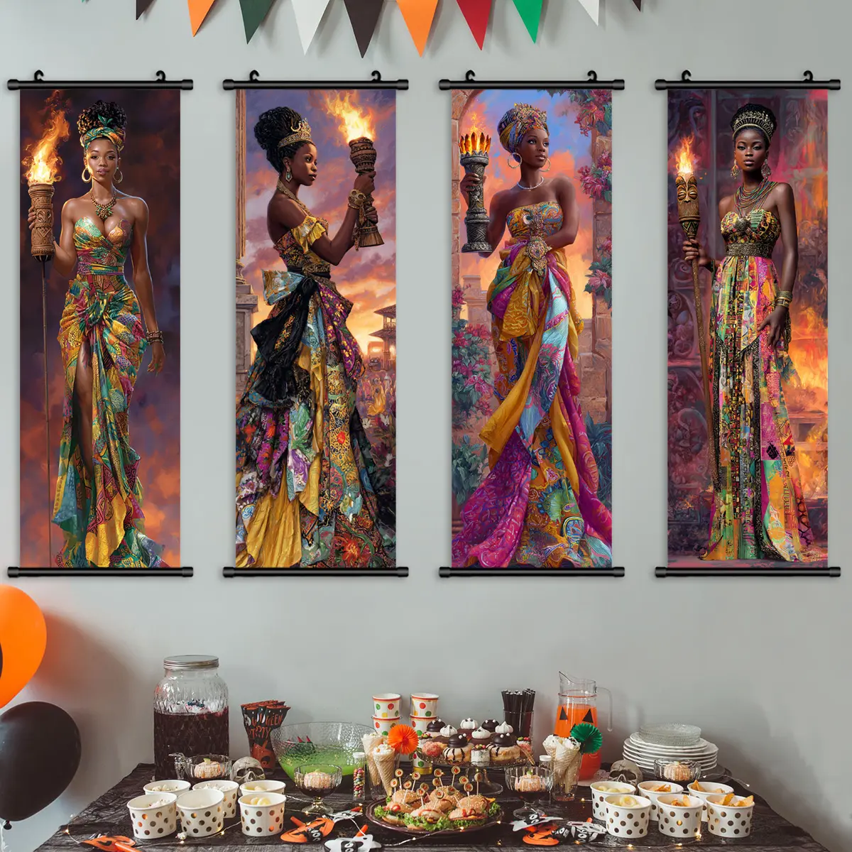 4 Count African Goddess Torch Art Poster, Art Canvas Prints, Modern Home Decor, Fashionable Wall Decoration, Ideal Gift, Perfect for Corridor and Living Room
