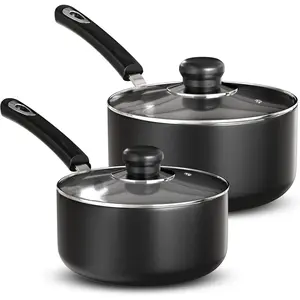 Nonstick Stock Pot Saucepan Set with Lid - 1 Quart & 2 Quarts - Multipurpose Cookware for Home Kitchen or Restaurant - Grey-Black