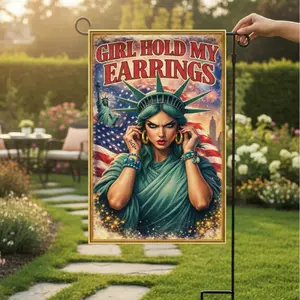 Girl Hold My Earrings Garden Flag | Bold Patriotic Feminist Yard Flag | Funny Statement Outdoor Decor | Single or Double Sided