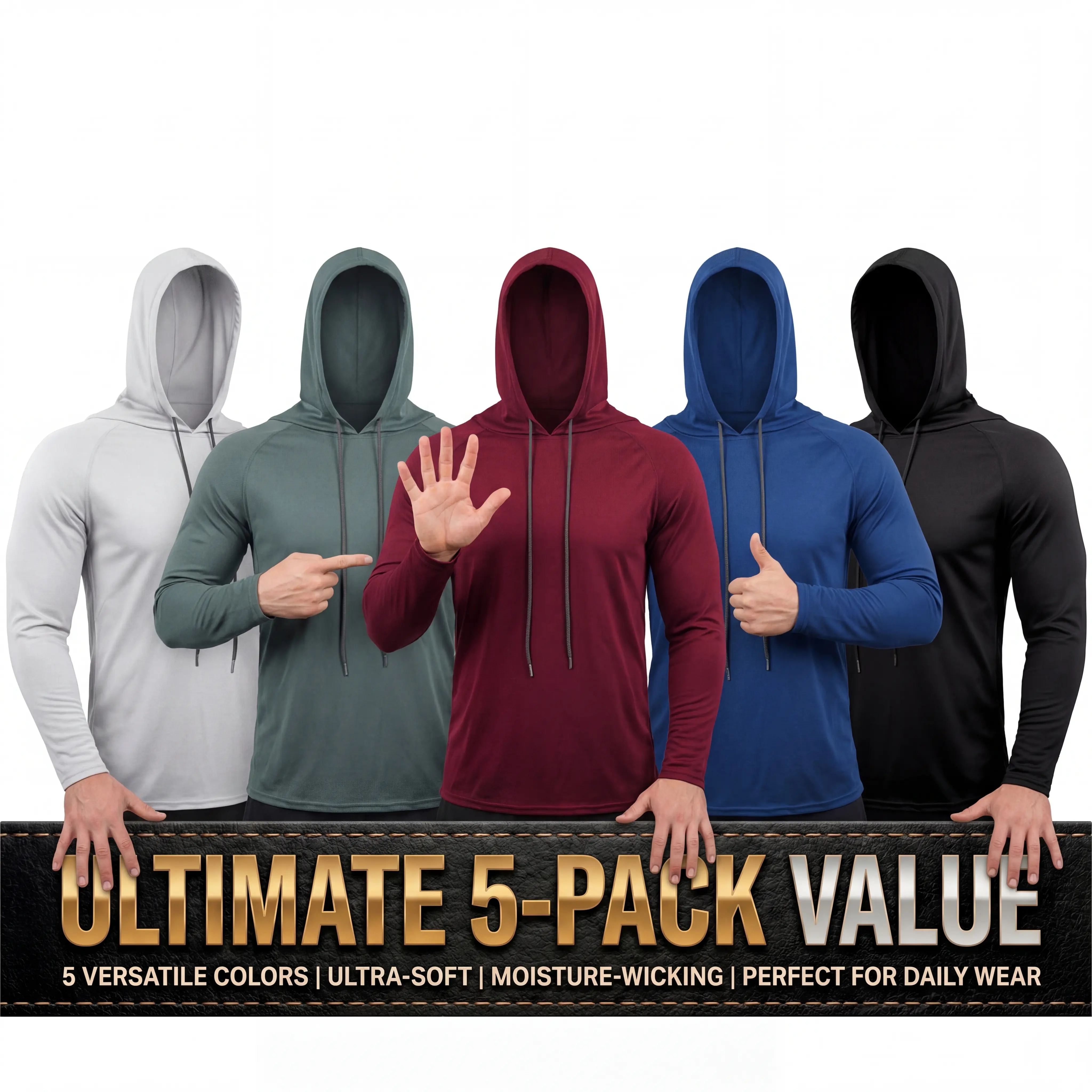 Men's 5-Pack Lightweight Long Sleeve Rash Guards, Athletic Hoodies with SPF Sun Protection, Athletic Sports Clothing for Outdoor Sports
