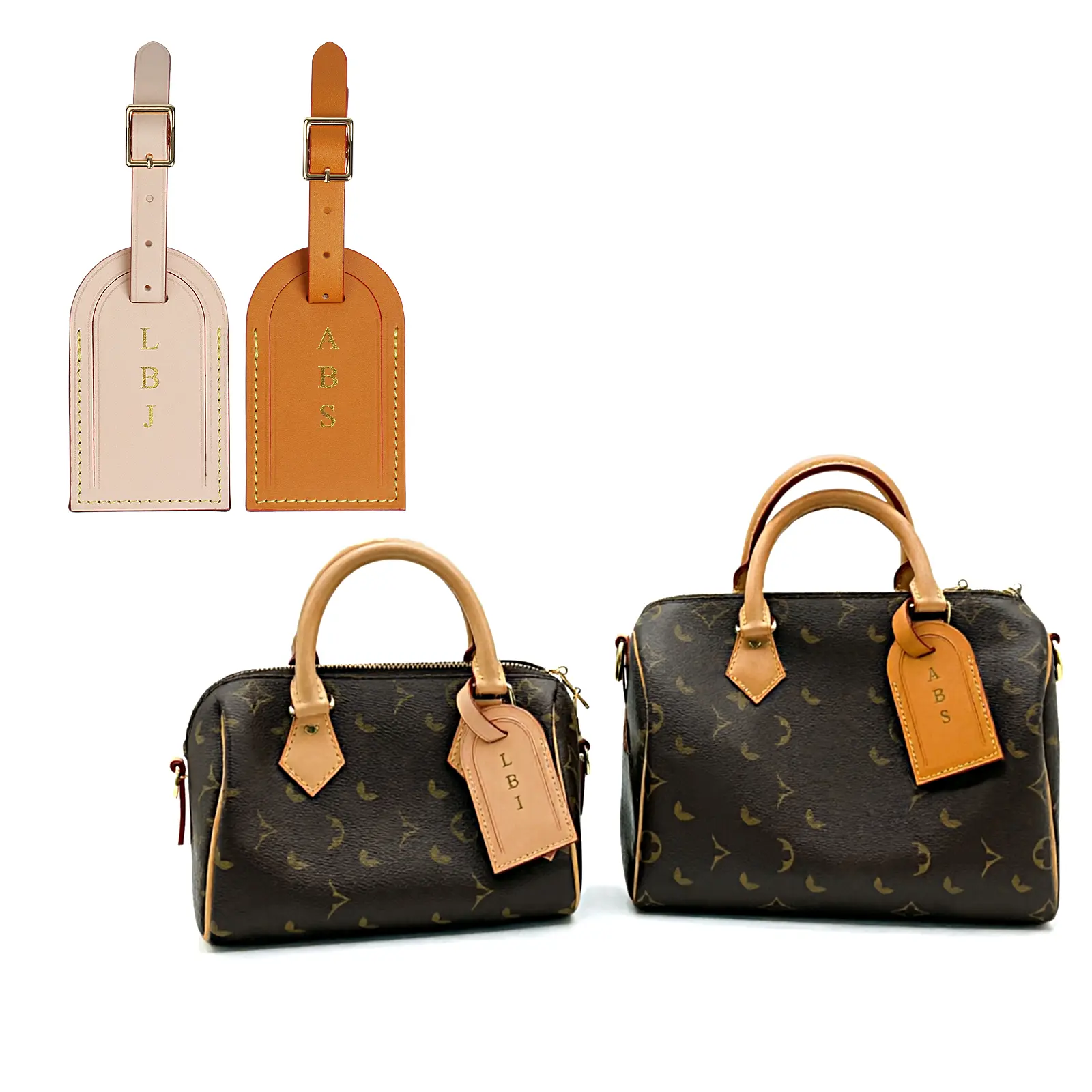 Vachetta Leather Personalized Luggage Tags Customized Charms for suitcases Monogram Tags Initials on Tags Premium Leather Unique Travel Gifts for Speedy Neverfull Handbags(Model A)
