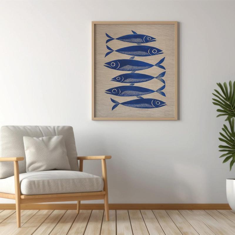 Blue Ink Sardine Striped Painting Wall Art Print, Stripes Trendy Aesthetic Kitchen Art, Sardine Kitchen Art, Antique Fish Art Printable, Unframe