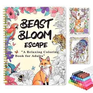Adult Coloring Book Set, Coloring Book for Adults with 36 Dual-Tip Markers, 32 Floral & Animal Designs, Spiral Binding - Relaxation Office Art Supply Gift for Beginners to Reduce Anxiety