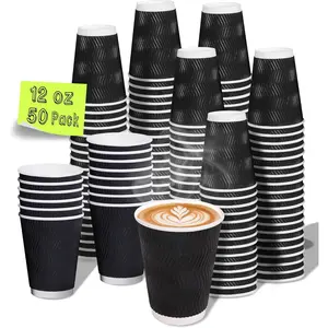 Disposable Coffee Cups 12 oz, 50-Pack Corrugated Insulated Paper Cups for Hot and Cold Drinks, Ripple Wall Design, Black