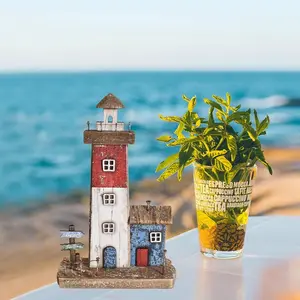 Wood Lighthouse Decor Hand Painted Decorative Beach Lighthouse Rustic Ocean Sea Tabletop Lighthouse Ornaments Nautical Themed Rooms Wooden Lighthouse Home Decor (10.16" H)