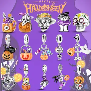 Halloween Series Charms Bead 925 Sterling Silver Luminous pumpkin Skull Witch Black Cat Fit Bangle Bracelet Necklace DIY Jewelry