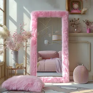 Rectangle Floor Mirror Full Length Mirror - 24" X 63" Multi-Color Shaggy Fur Framed Mirror Full Body Dressing Mirror Wall Mirror Modern Decorative Mirror for Living Room Bedroom, Living Room, Hallway Glass Pack