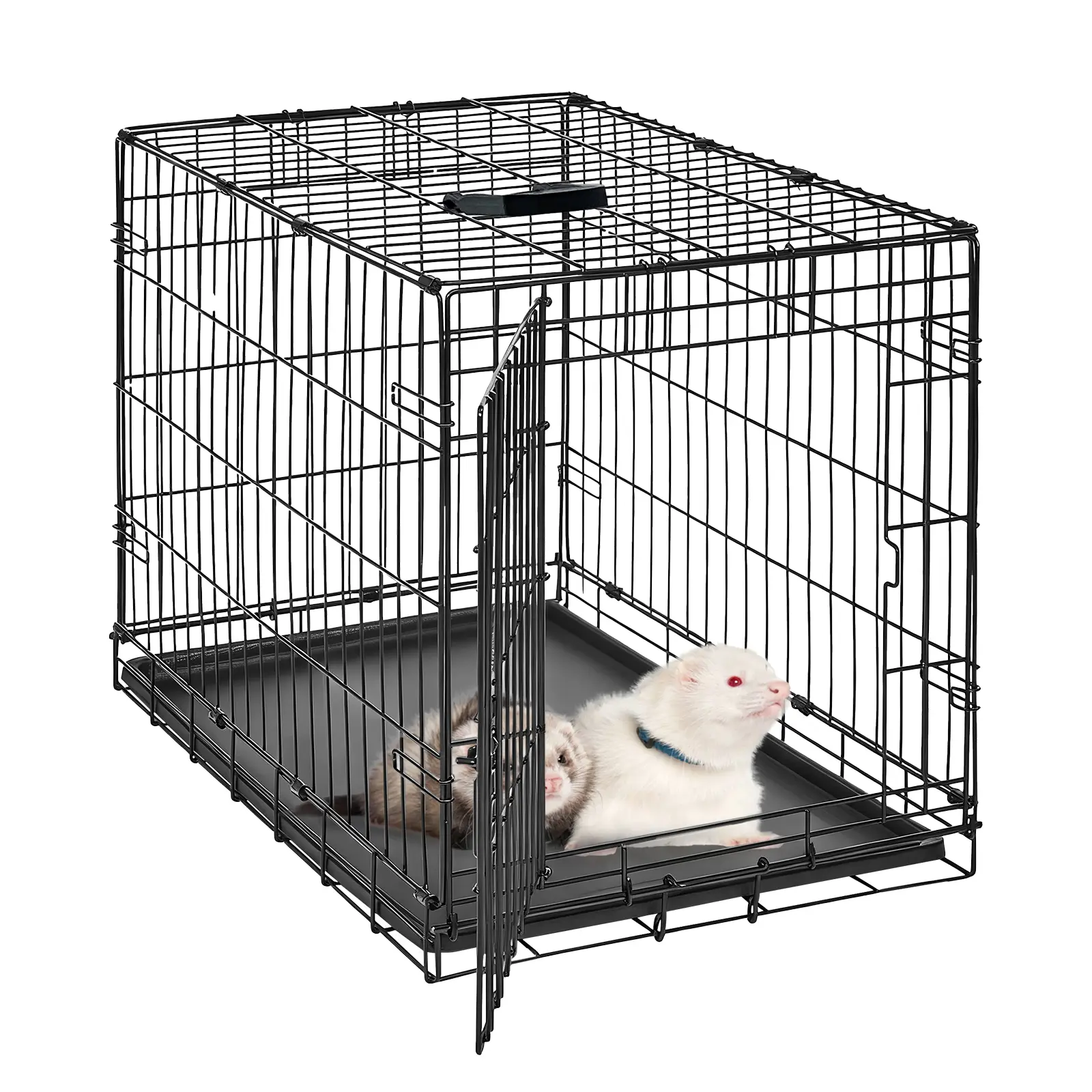 48" Folding Small Animal Cage with Slide-Out Tray, Portable Metal Rabbit Hutch with Mesh Grid Floor for Guinea Pig Chinchilla Ferret, No-Tool Collapsible Travel Pet Kennel Crate with Carry Handle, Heavy Duty Indoor Bunny House