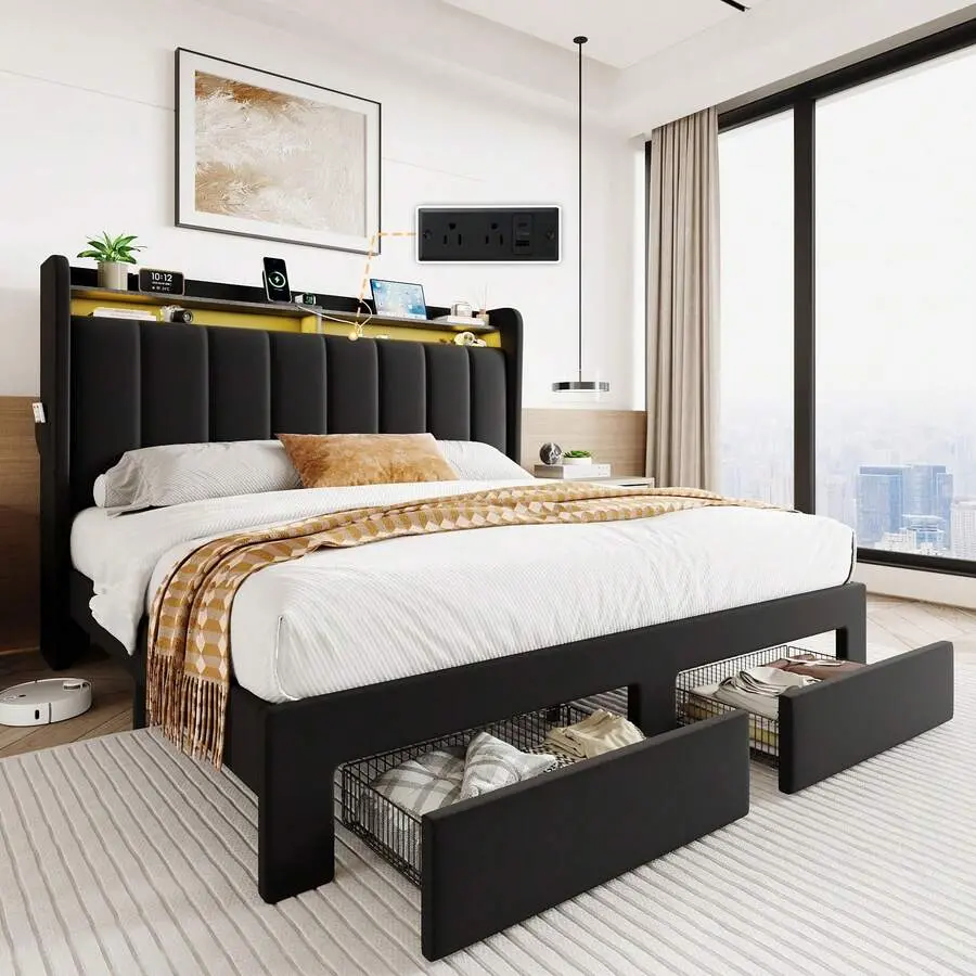 Bed Frame - Full/Queen/King Size Platform Bed Frame with Vertical Channel Tufted Wingback Headboard, 2 Storage Drawers, 2-Tier LED-Lit Shelves, Charging Station, Noise-Free Design, No Box Spring Needed, Black, Queen Bed Frame