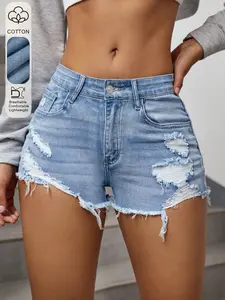 Women's Denim Shorts Y2K Summer No Elastic Ripped Design, Fashion Casual Elegant, Trendy Versatile for Shopping Parties, Breathable