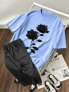 Men's American Dark Style Casual Set, Deep Rose Print T-Shirt + Drawstring Shorts, Streetwear/everyday Wear Two-Piece Set