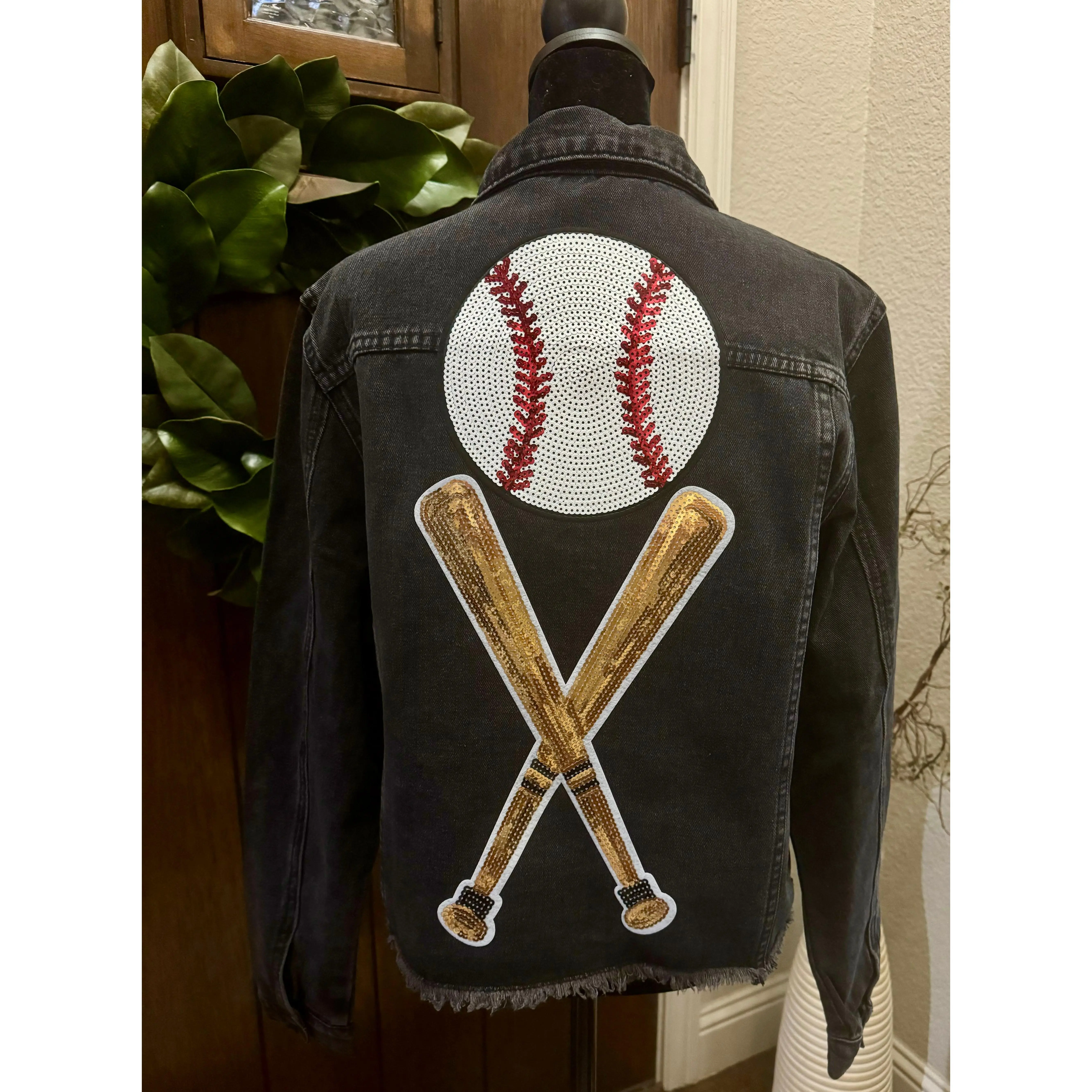 Casual Game Day Denim Jacket for Women with Handmade Baseball Sequined Patch, Cotton Polyester Outerwear | Bust: 35.5”-37”, Waist: 27.6”-29.2”, True-To-Size