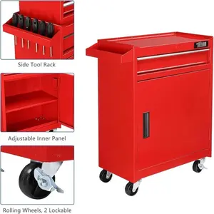 Aukfa Tool Chest: 2-in-1 Steel Rolling Tool Box & Cabinet with Wheels, 5-Drawer Storage Organizer for Garage - Red