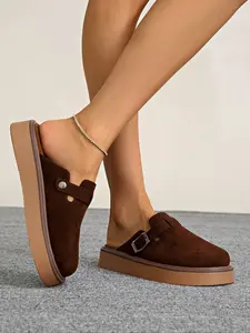 Women's Spring Autumn New Round Toe Thick Sole Comfortable Slip-On Fashion Versatile Half-Slipper, Casual Plain Textile Shoes, Slip On Mules