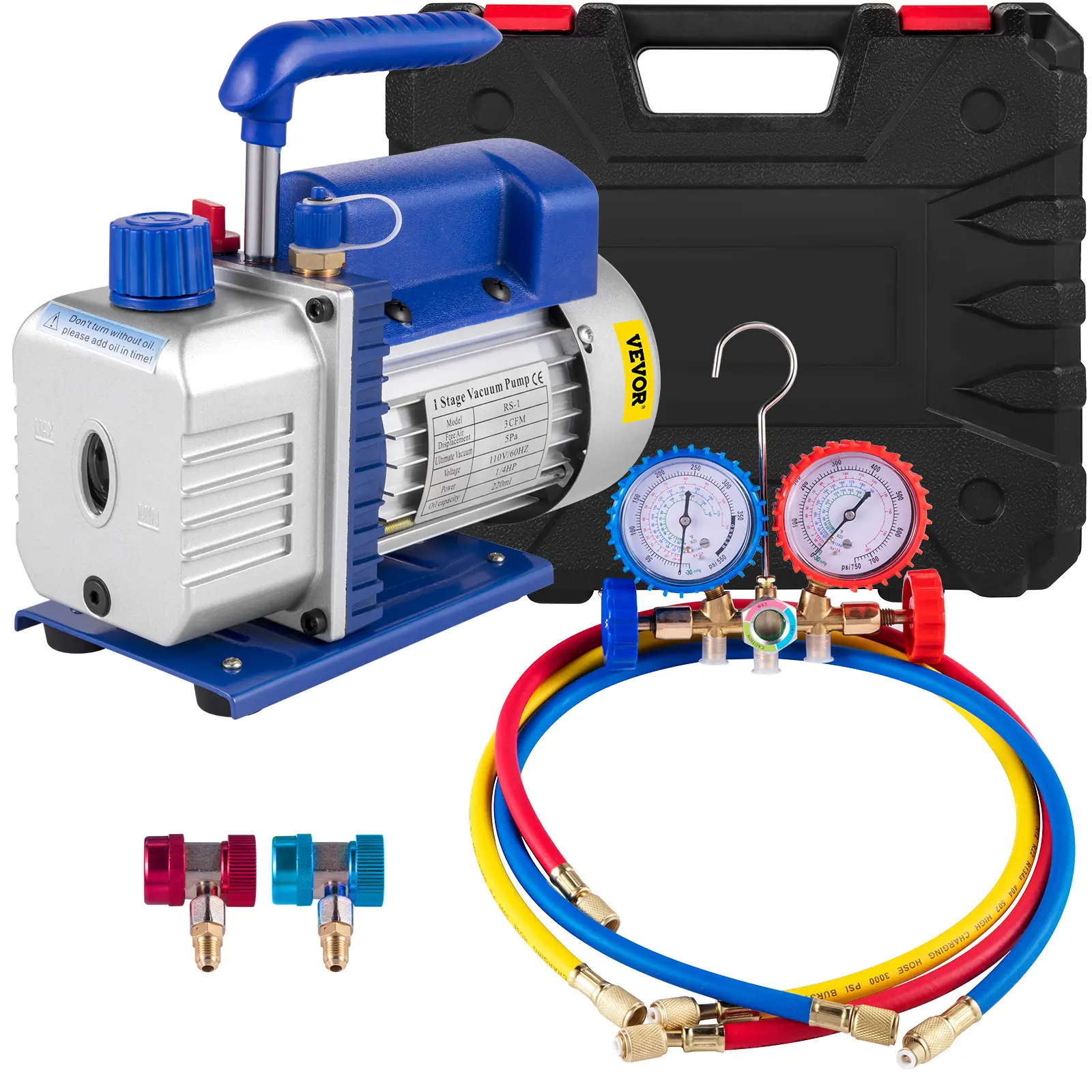 【summerfinds】VEVOR 3CFM 1/4HP Single-Stage Air Vacuum Pump Tool for HVAC Automotive Units, 5Pa Vacuum, High AC Refrigeration Manifold Gauge with Sight-Glass, R12-R410a Compatibility, R134 Can Tap, Hose, Carrying Tote, Industry Accessories, R134a