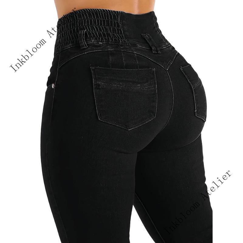 InkbloomAtelierWomen'SHighWaistSkinnyJeans,PolyesterRayonSpandexBlend,HighStretch,SolidColor,ButtonDetails,All-Season,StreetStyle