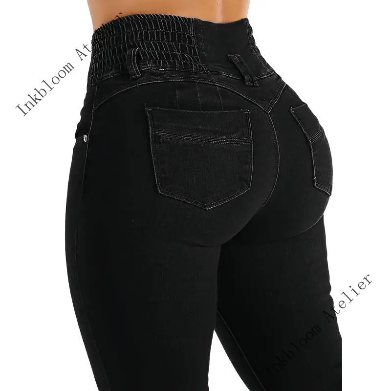 InkbloomAtelierWomen'SHighWaistSkinnyJeans,PolyesterRayonSpandexBlend,HighStretch,SolidColor,ButtonDetails,All-Season,StreetStyle