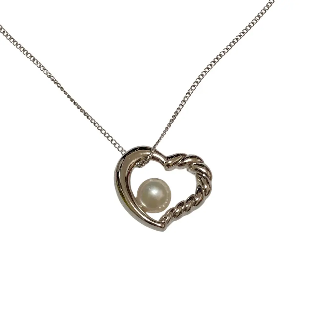 Pre-owned TASAKI Sterling Silver 925 (Ag925) Small Leather Goods Akoya Pearl Silver 925 Heart Pendant Necklace