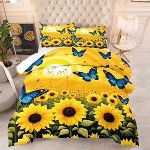 Golden Sunflower Quilt Set for Youth Adults, Vibrant Bedroom Decor Gift, Includes 1 Bed Quilt and 1 or 2 Pillowcases Without Pillows