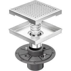 6-Inch Square Shower Drain with Removable Quadrato  Grate, PVC Shower Drain Base and Rubber Gasket for Bathroom Floor Drain, Brushed 304 Stainless Steel, Includes Hair Strainer