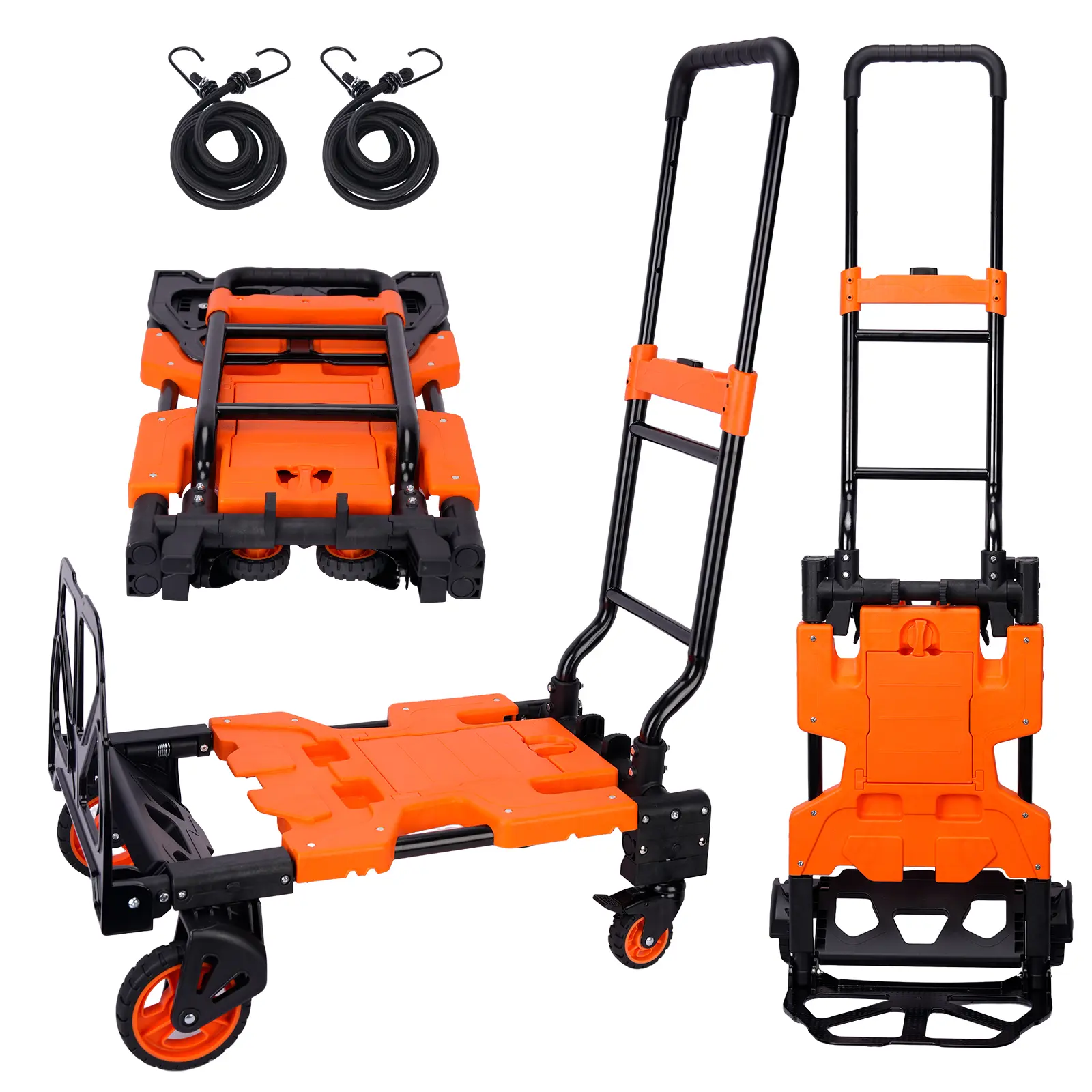 Foldable Dolly Cart with Wheels 220 lbs Max Capacity Portable Hand Cart 4 Wheels Collapsible Luggage Cart 2-in-1 Heavy Duty Folding Hand Truck with Adjustable Retractable Handle for Moving Delivery Warehouse Use