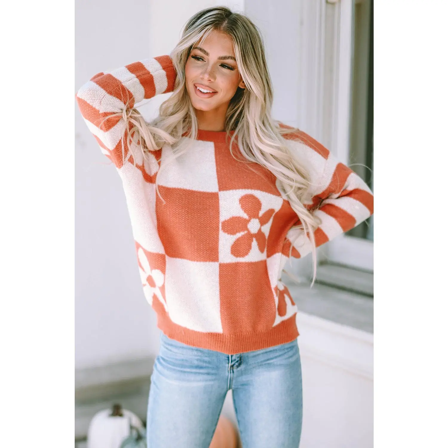 Brown Checkered Floral Print Striped Sleeve Sweater