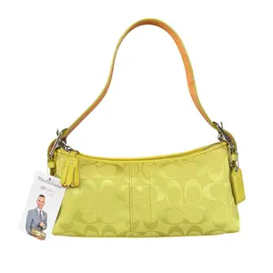 Pre-owned coach CANVAS & LEATHER Shoulder Bags Demi Y2K Signature C Canvas Lime Leather Shoulder Purse