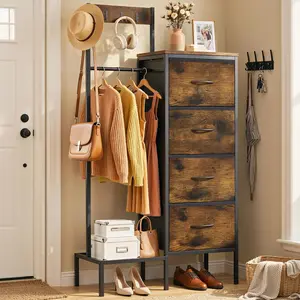 Dresser with Hanging Rack and Storage Drawers, 4 Drawer Chest with Hooks and Hat Rack, Rustic Entryway Organizer for Clothes, Bags, Shoes and Accessories, Brown Wood Finish