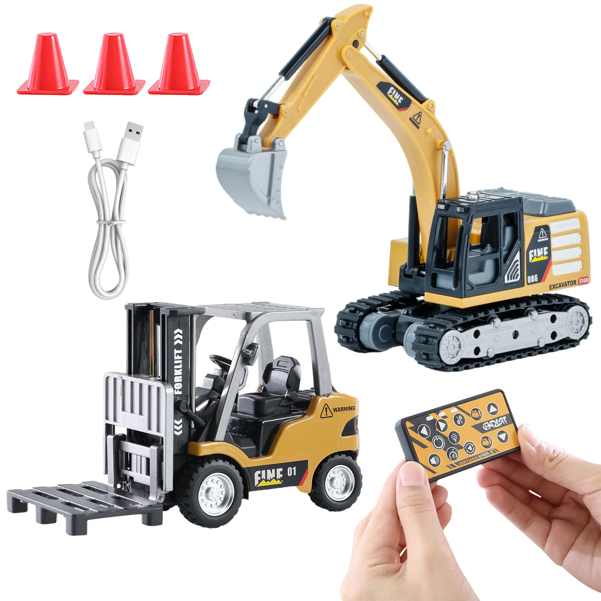 【SummerVibes]  1/64 Mini Forklift & Remote Control Excavator Full-Proportion Toy Set (with Lights and Sounds) – Suitable for Adults & Kids (Boys & Girls) | RC Construction Vehicle Series