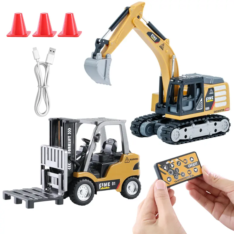 Unisex 1/64 Mini Forklift & Remote Control Excavator 2-in-1 RC Toy Set - Electric Construction Vehicle, Light & Sound, Rechargeable Battery, Easy Play for Kids (Toys for Boys, Construction Vehicle Enthusiasts, Endless Fun, Forklift+Excavator)