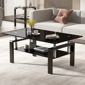 Rectangle  2-Layers Tempered Glass Coffee Table, Clear Coffee Table,Modern Side Center Tables for Living Room Furniture