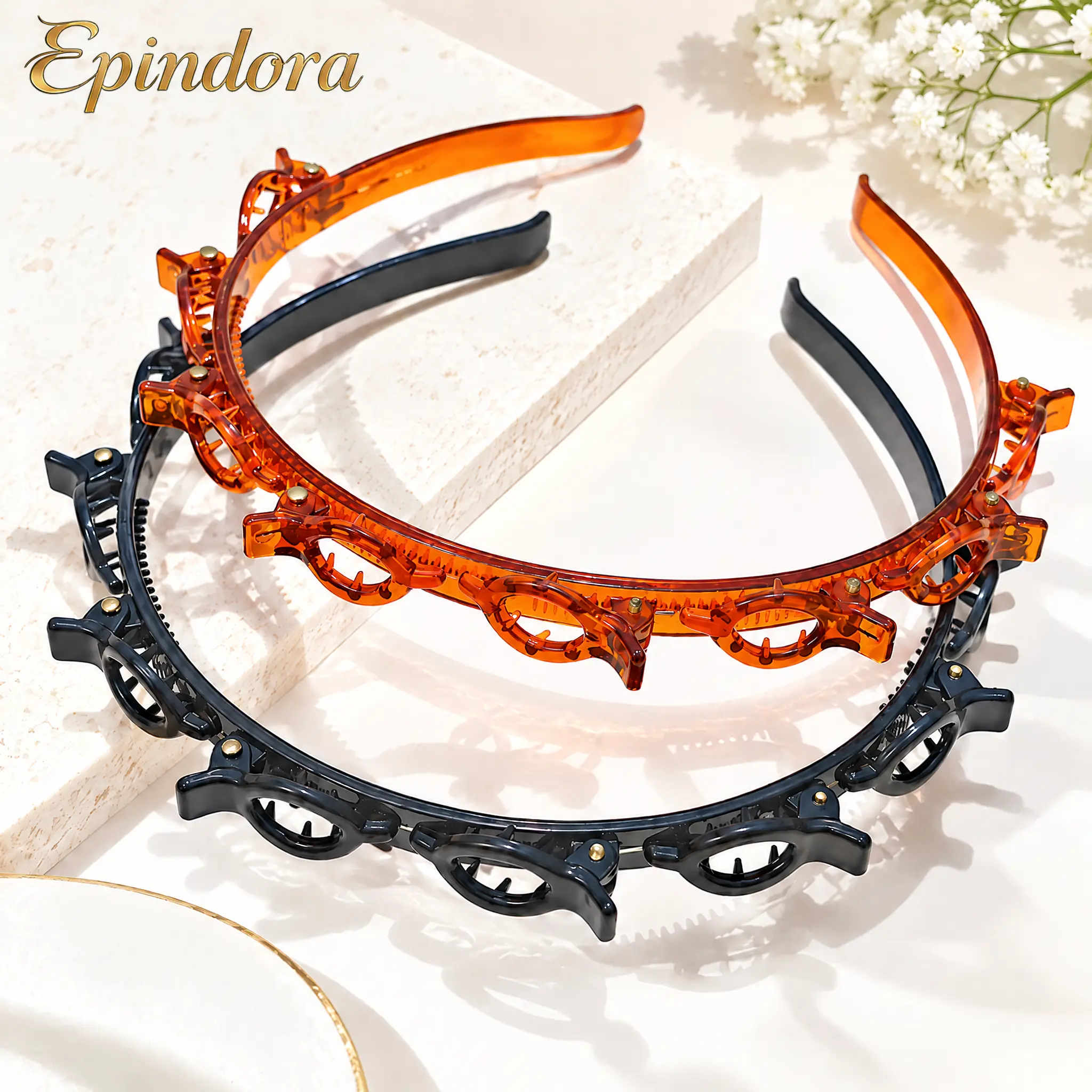 Epindora 2-piece women’s plastic wavy headband set — handmade wavy design non-slip headbands, black + orange combo, casual, lightweight, comfortable, suitable for daily wear/face washing/skincare/makeup/sports/travel