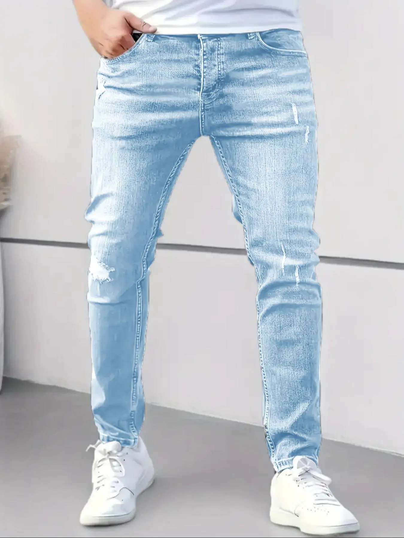 Men's Solid Color Distressed Ripped Knee Jeans, Frayed Jeans, Casual Comfy Slim Fit Denim Pants for Daily Wear, Fashion Men's Bottoms for All Seasons